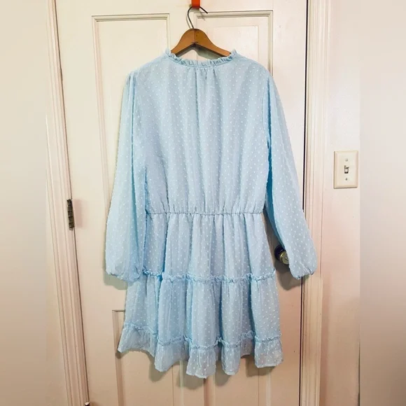 NWT BTFBM Women Casual light blue Dress V Neck Tie Neck Long Sleeve Dot Ruffle - Picture 7 of 7